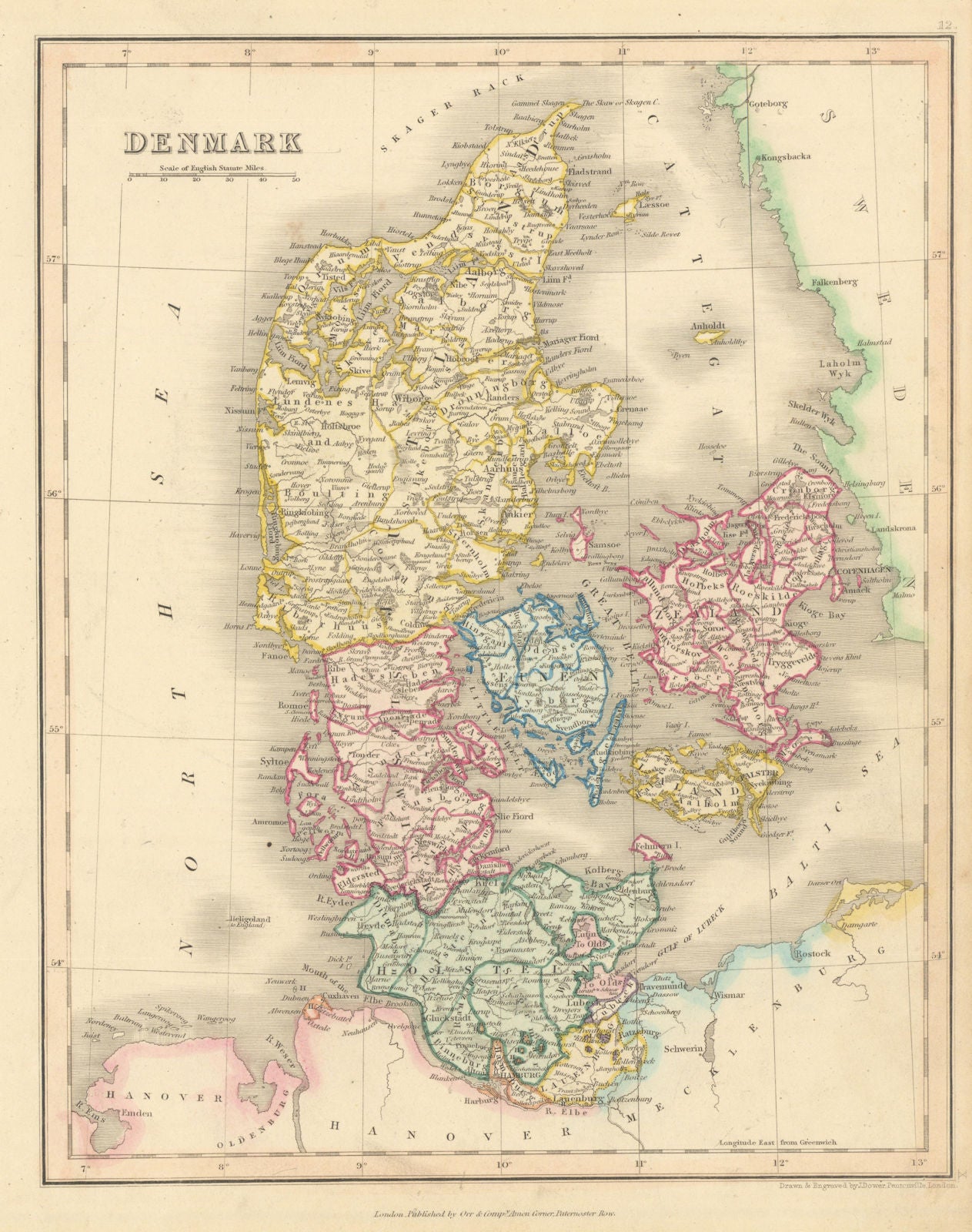 Denmark with Schleswig-Holstein, Lauenburg, Hamburg & Lubeck. DOWER 1845 map